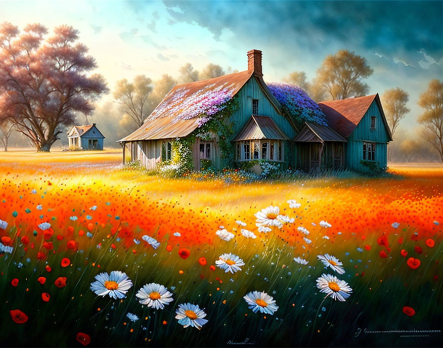 Vibrant meadow with colorful flowers and countryside home at dusk