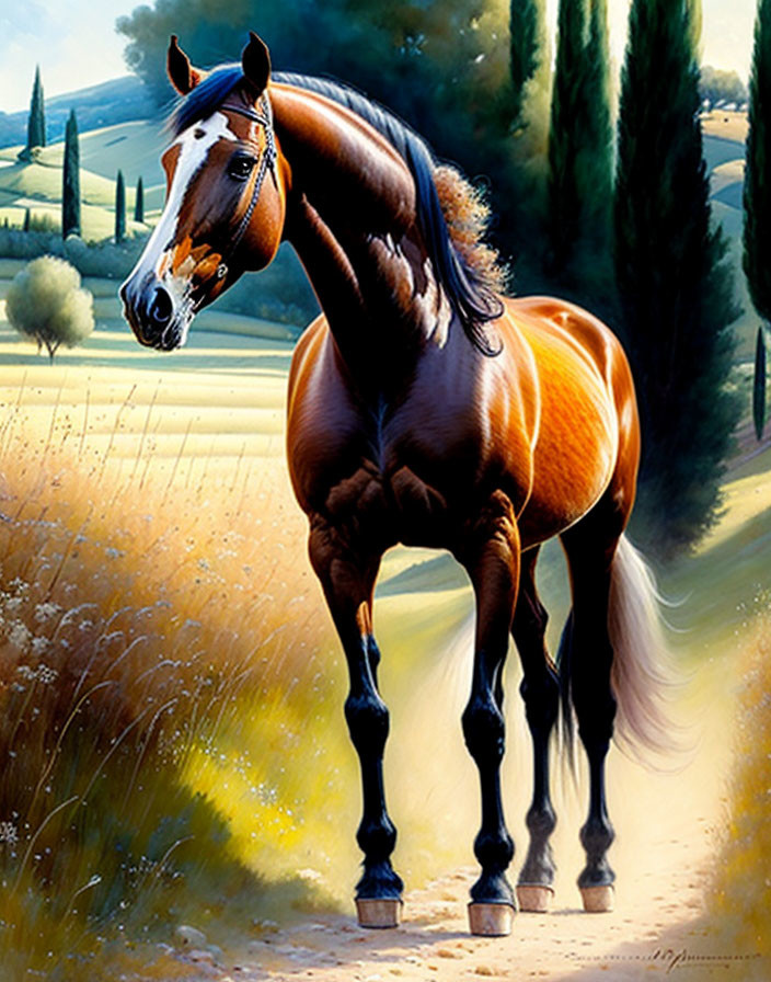 Brown horse with black mane in lush countryside landscape