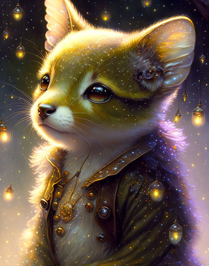 Whimsical cat with human-like eyes in fantasy attire under starlit sky