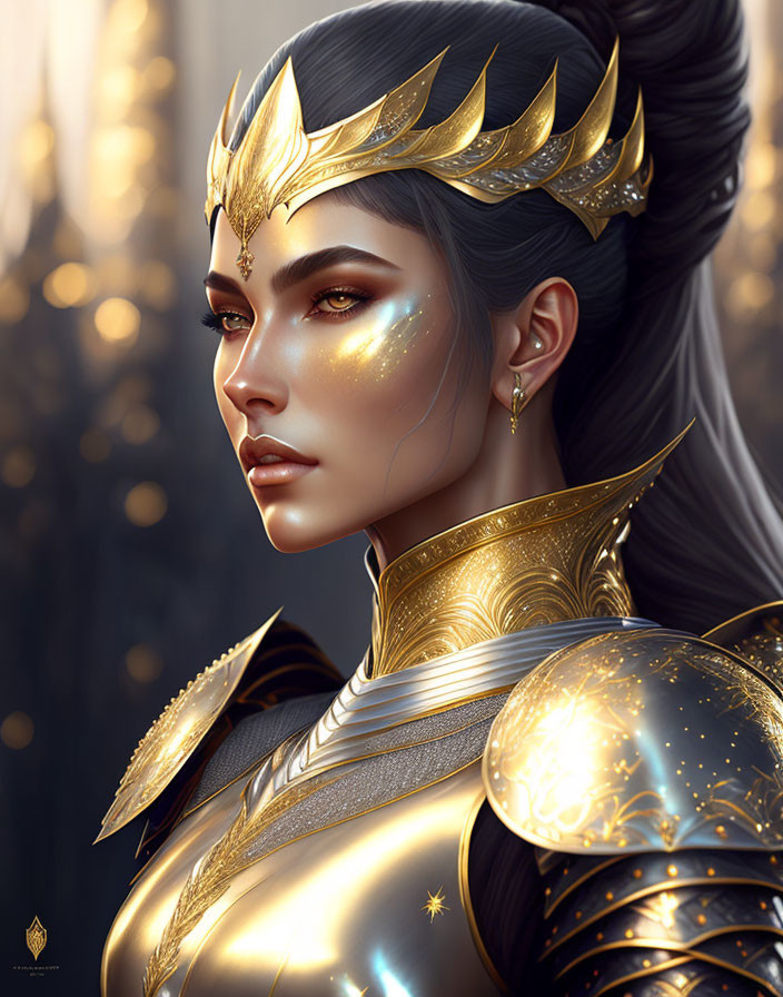 Fantasy warrior woman digital artwork with golden armor and crown