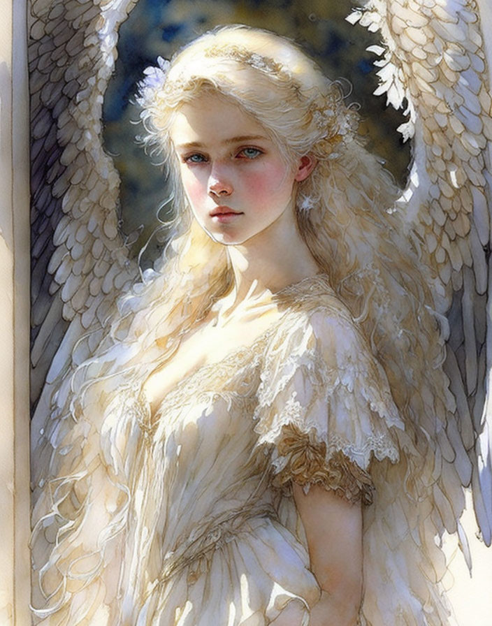 Ethereal young woman with angel wings in white feathered attire amid luminous setting