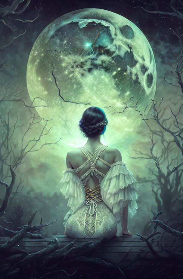 Woman in elegant dress under luminous full moon in mystical forest with shooting star.