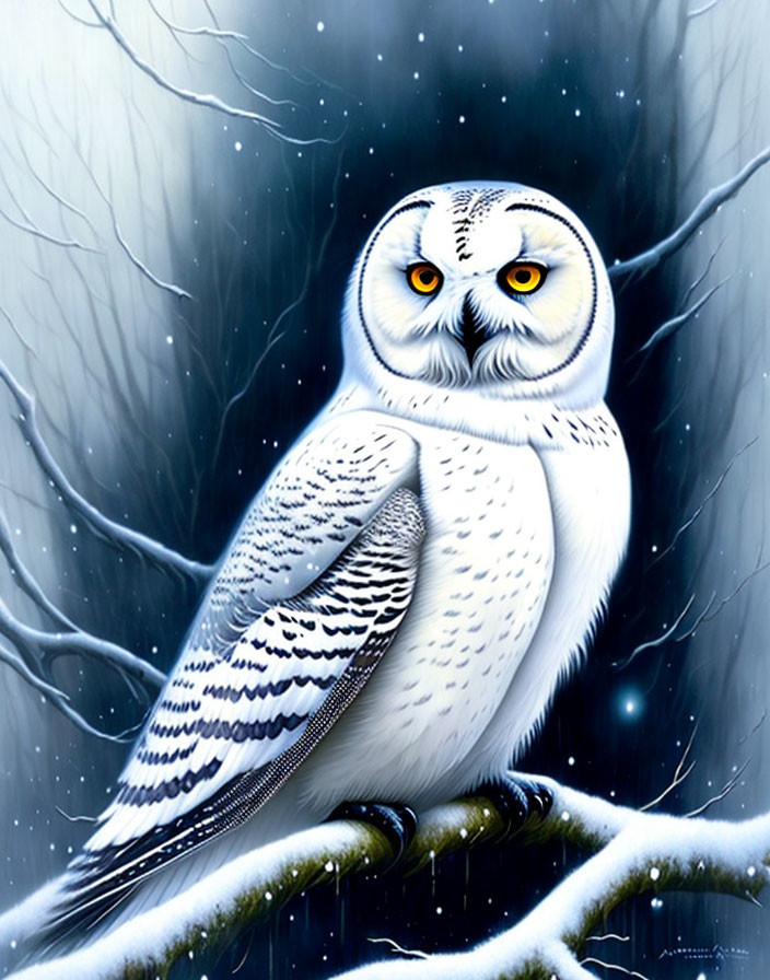 Snowy owl perched on snowy branch in wintry forest