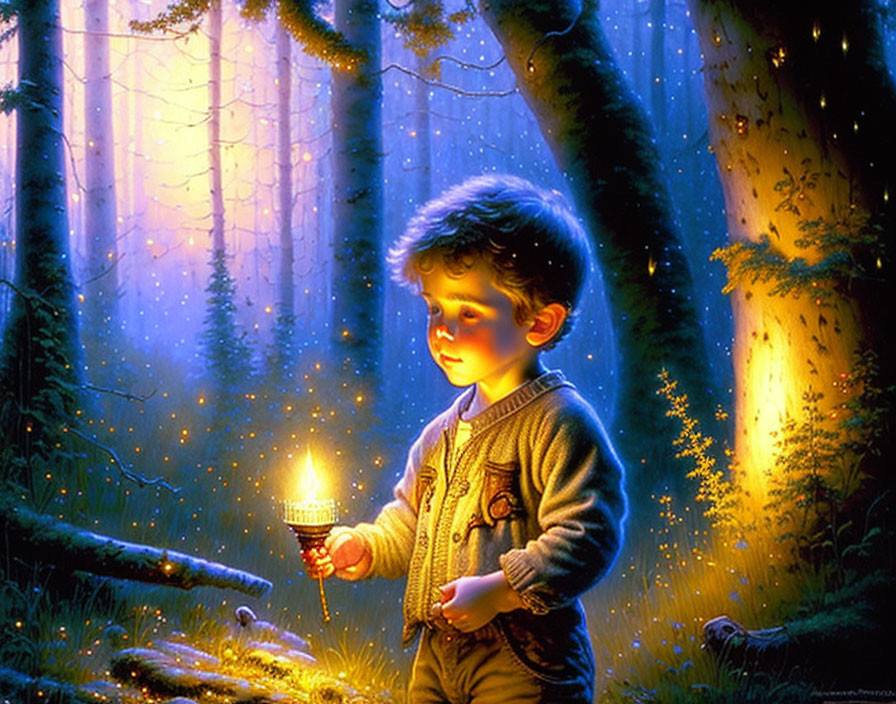 Young boy with lit lantern in magical illuminated forest at twilight