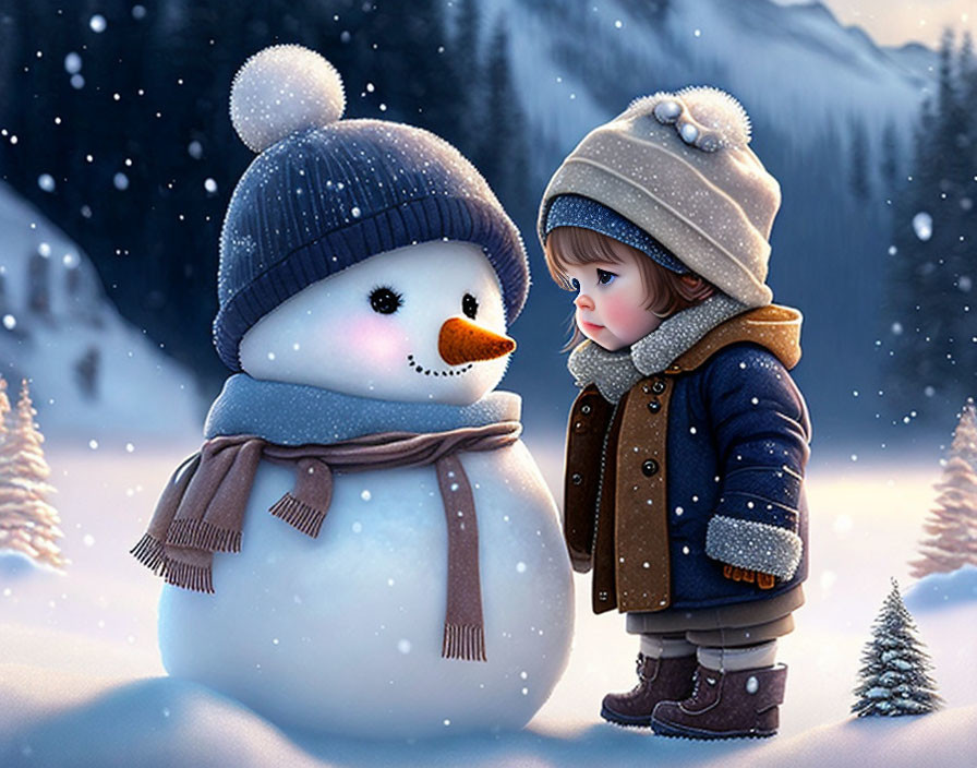 Child in winter attire admires snowman in snowy scene