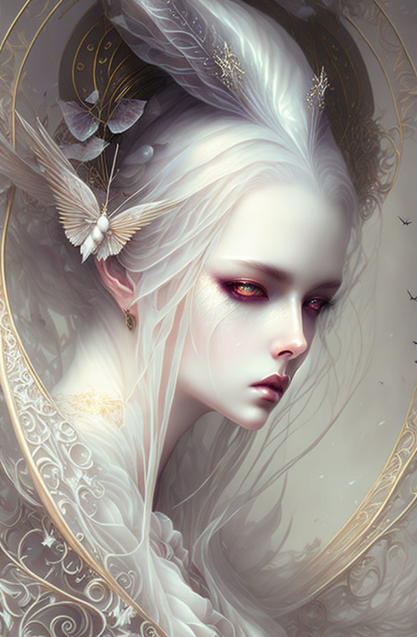 Pale-skinned ethereal being with red eyes, golden accents, butterflies, and white feathered garment