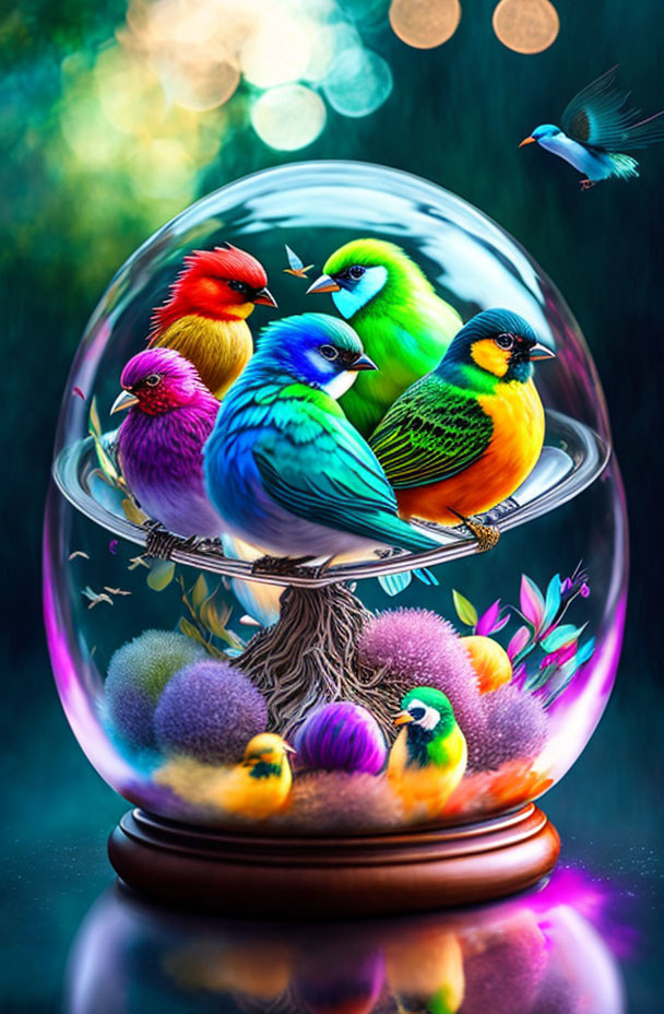 Colorful Birds Perched in Glass Dome with Hummingbird and Bokeh Background