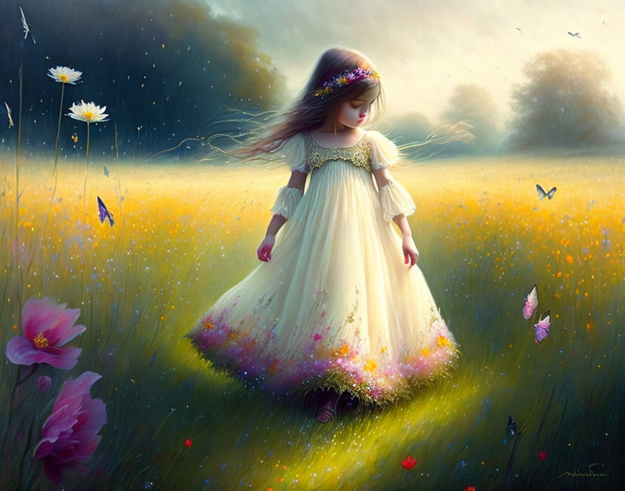 Young girl in white dress explores flower-filled meadow with butterflies