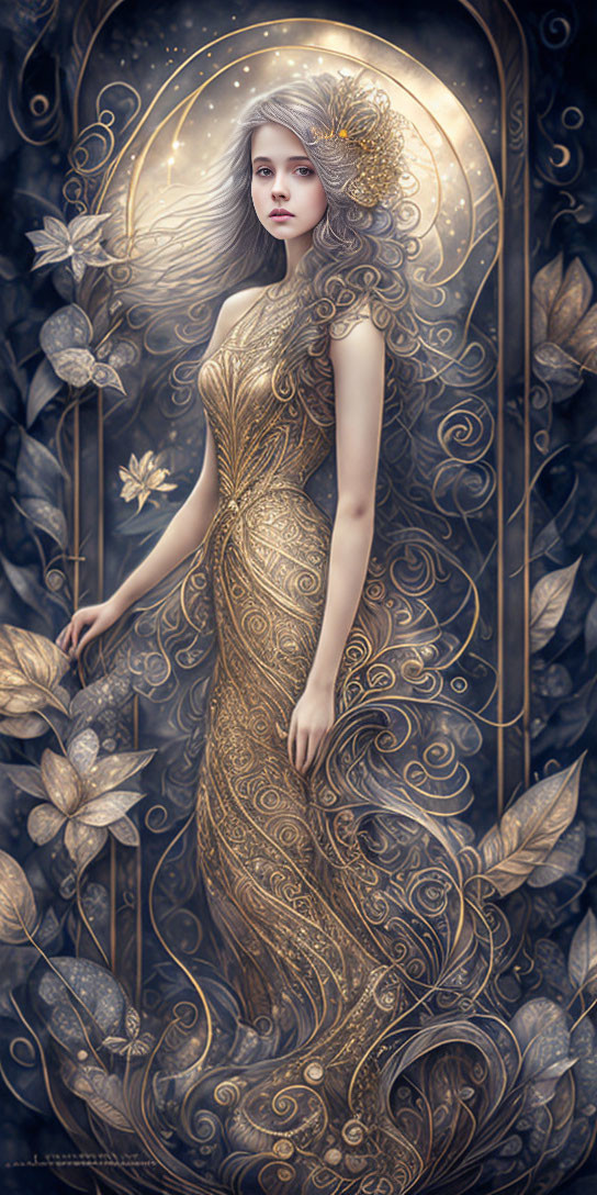 Golden floral-patterned dress on elegant woman in leafy frame with ethereal glow.