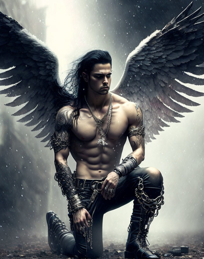 Shirtless man with wing tattoos and chained pants in dramatic setting