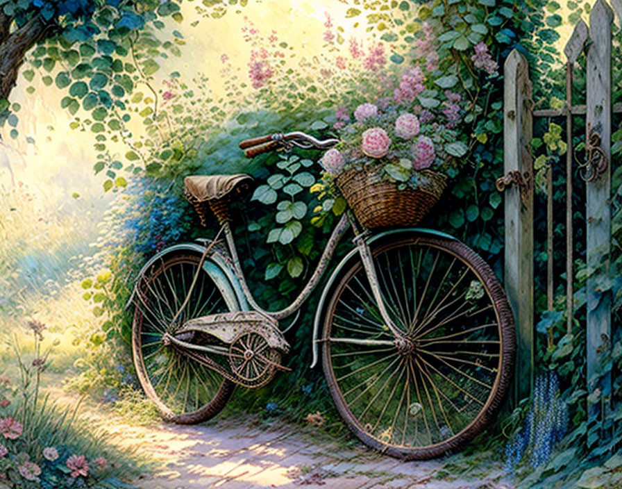 Vintage Bicycle with Flower Basket by Wooden Gate in Lush Garden