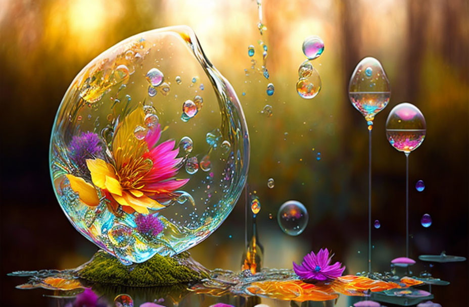 Colorful digital art: transparent sphere with water, floating flower, droplets, and flowers on warm