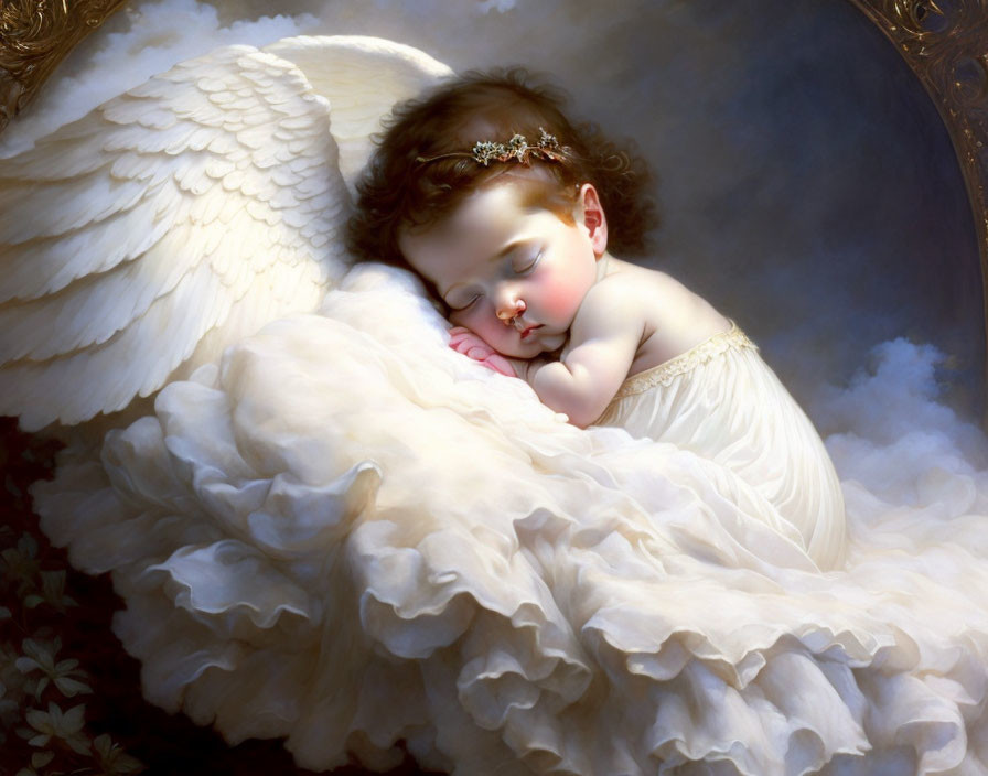 Child with angel wings sleeping on fluffy clouds in white attire with floral headpiece