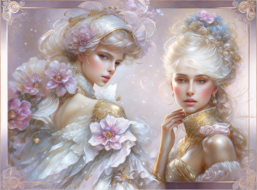 Ethereal women with elaborate hairstyles and floral adornments in soft pastel tones