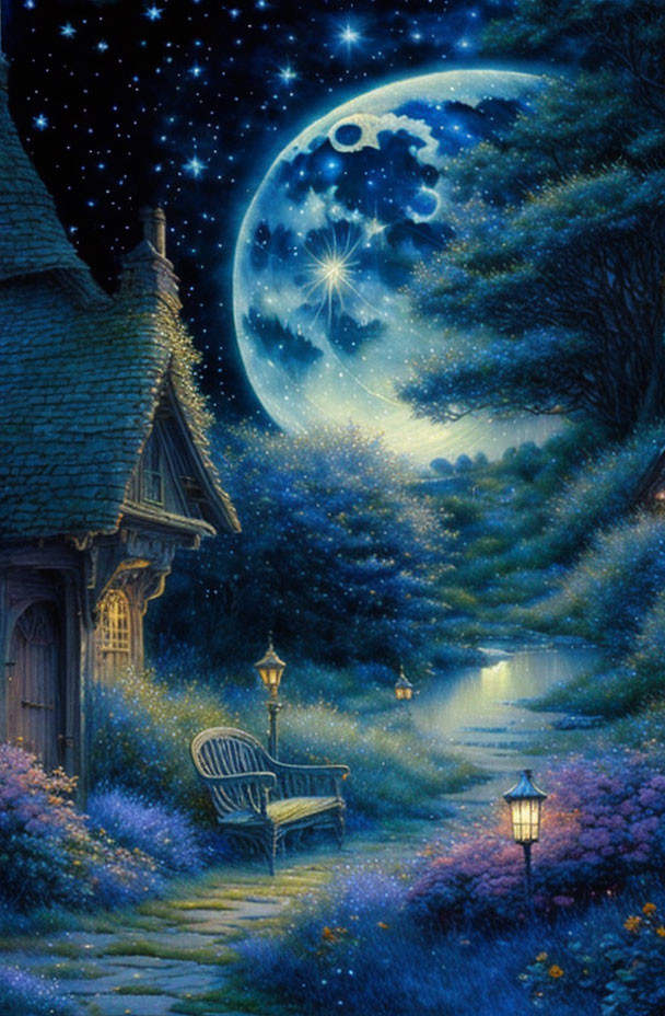 Serene Full Moon Night with House, Garden, and Streetlamp