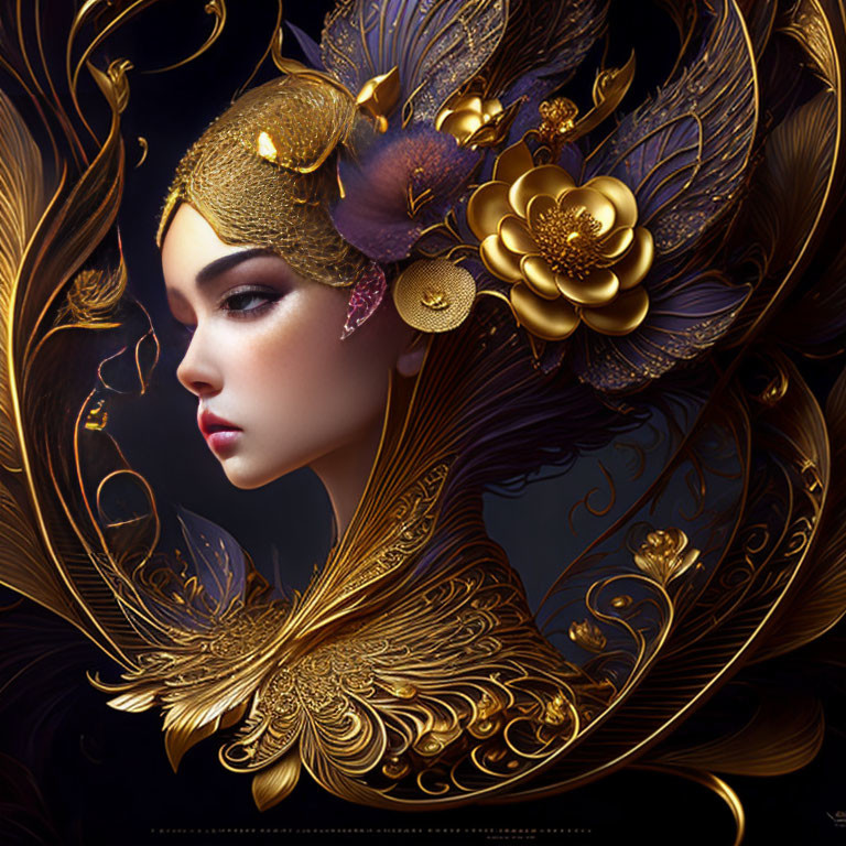 Elaborate golden headwear portrait of a woman in swirling floral patterns