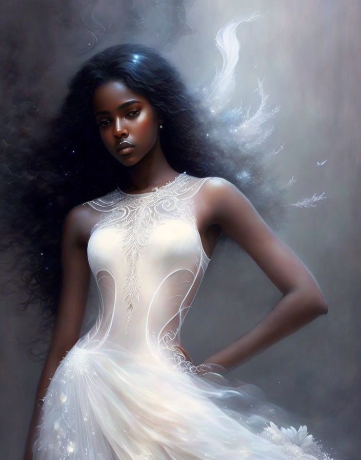 Dark-haired woman in ethereal white dress dissolving into wisps