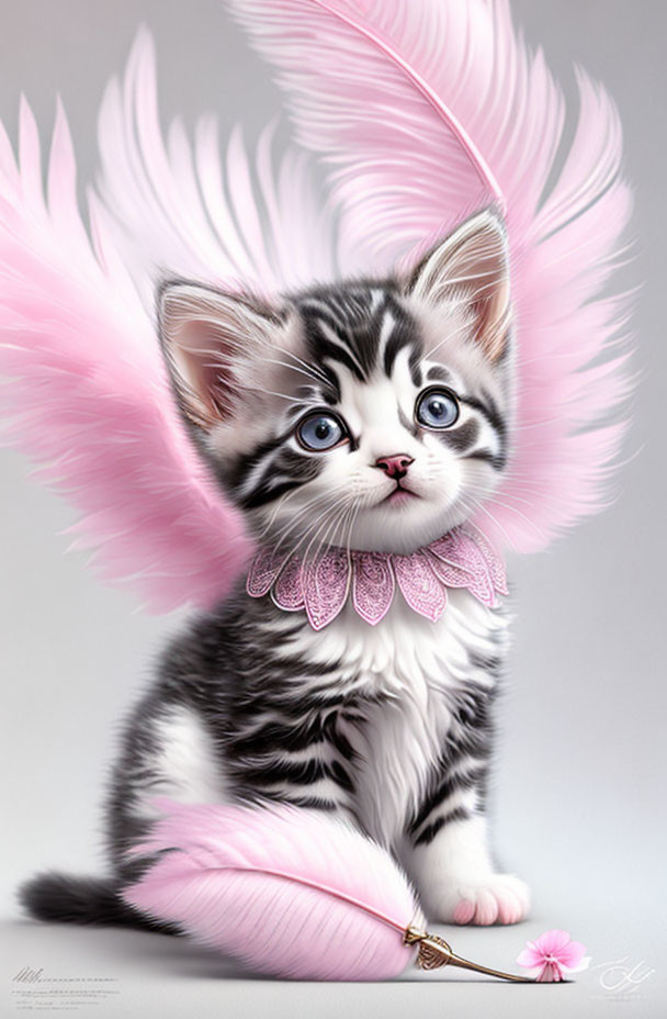 Striped kitten with pink wings and feather detail illustration