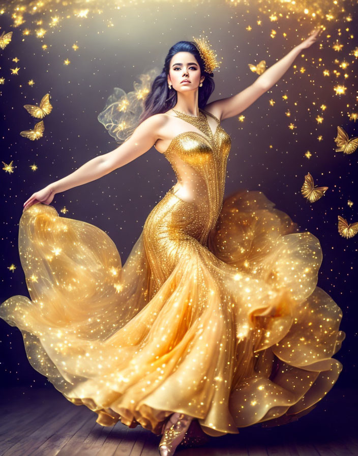 Woman in Golden Dress Surrounded by Butterflies on Starry Background