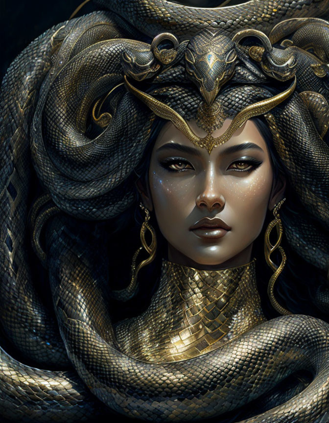 Digital Artwork: Woman with Golden Snake Crown & Mystical Ambiance