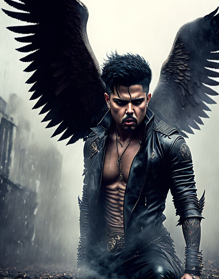 Male figure with dark wings, mohawk, tattoos, leather jacket in rain-soaked setting