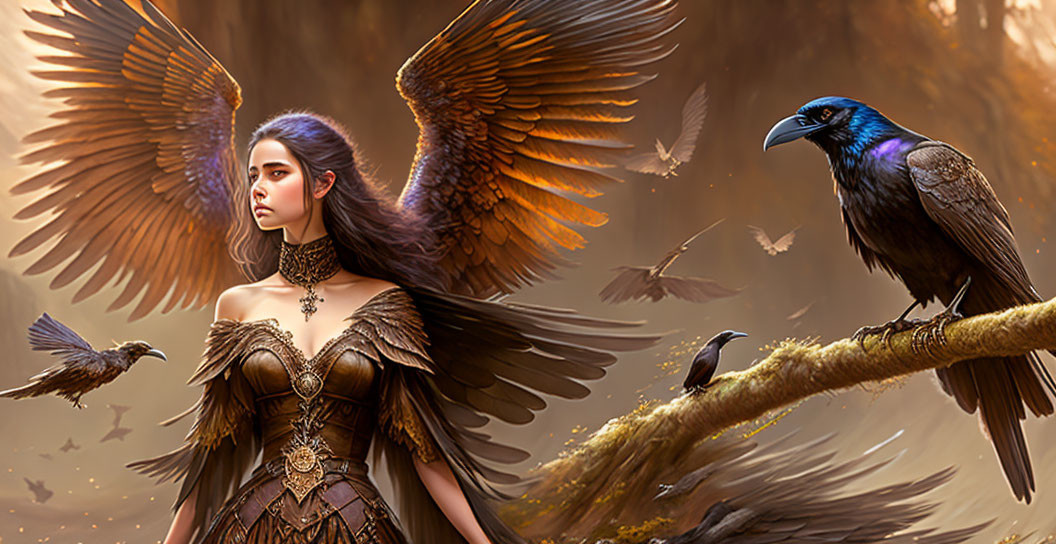 Dark feathered attire woman among ravens in mystical forest.