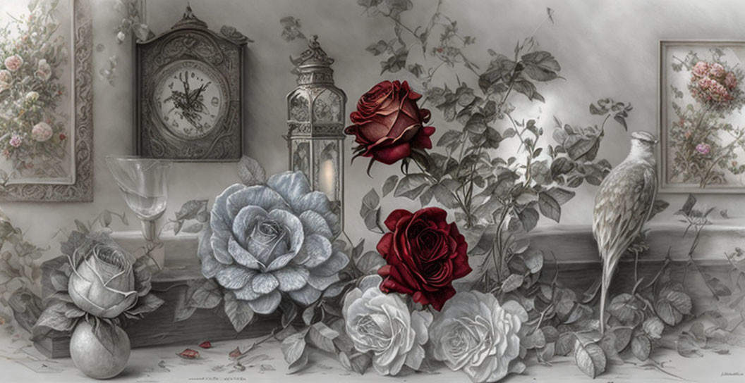 Monochromatic still life with red roses, clock, bird, and ornate details