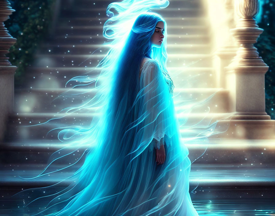 Mystical woman with radiant blue hair in flowing dress on staircase surrounded by magical light