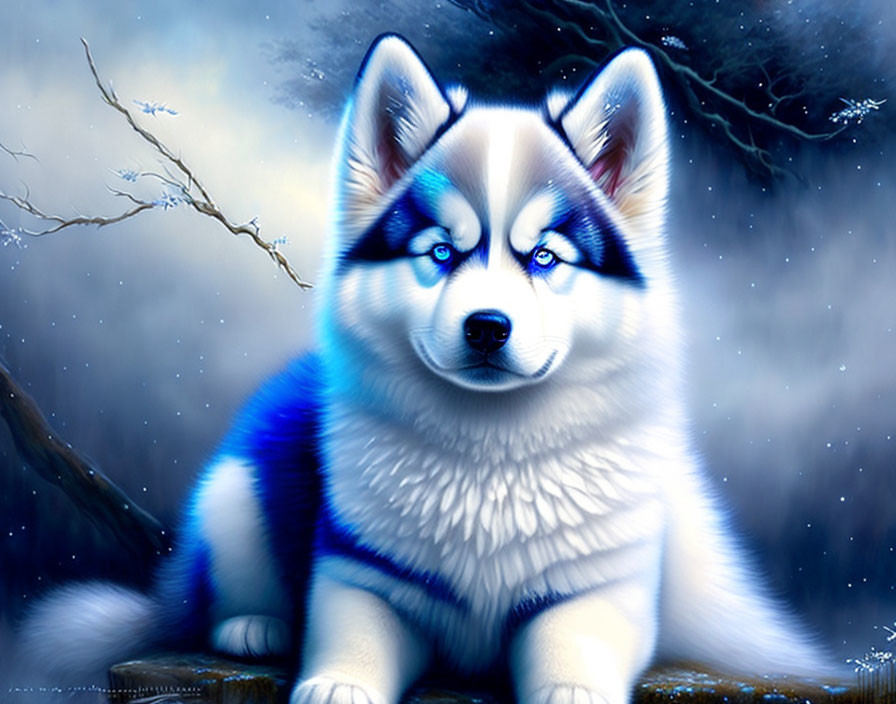 Blue and White Siberian Husky with Striking Blue Eyes in Snowy Scene