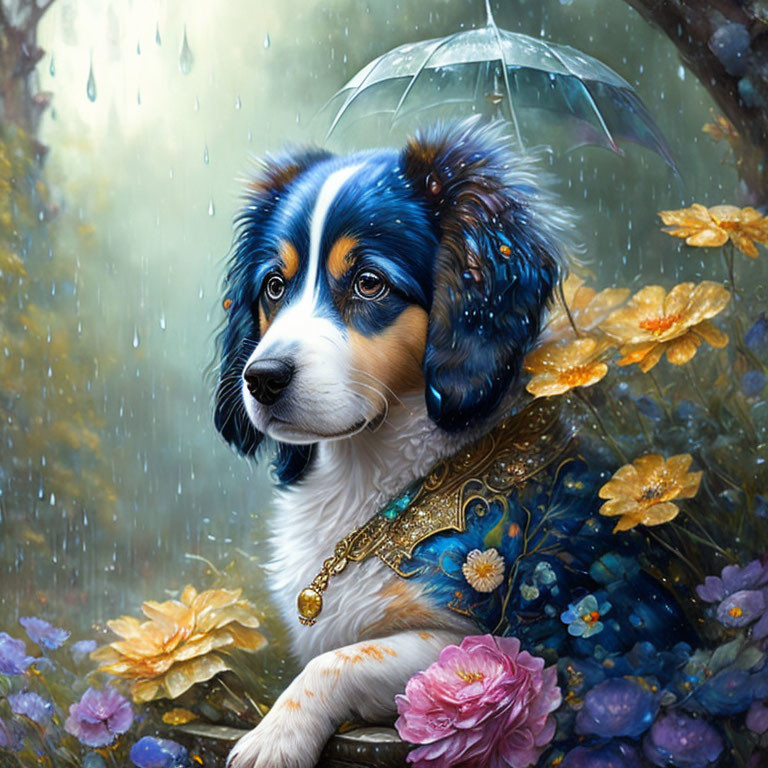 Blue-eyed dog under clear umbrella in rainy scene with colorful flowers