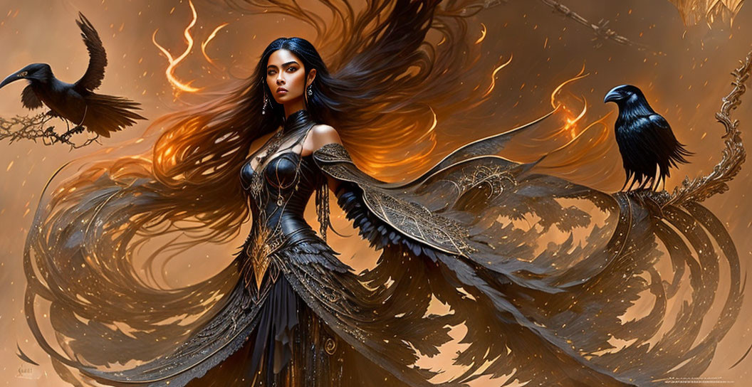 Mystical woman in dark attire with crows and fire-like energy