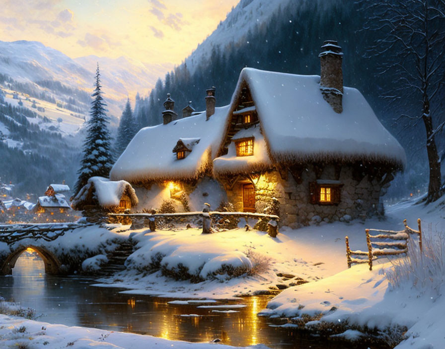 Snow-covered cottage by river in winter twilight with snowy landscape