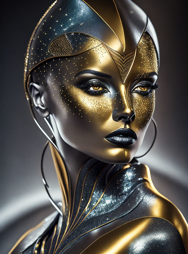 Golden female android with intricate patterns and helmet-like headpiece