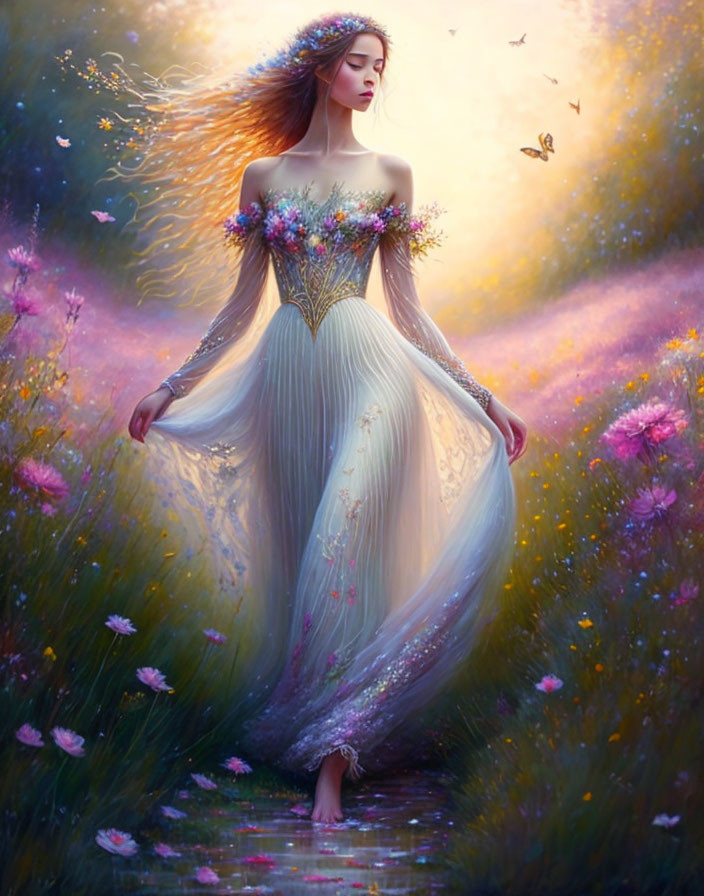 Woman in flowing gown surrounded by flowers and butterflies in vibrant meadow