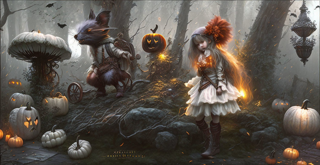 Fantasy scene with girl in elaborate costume and creature pulling pumpkin carriage