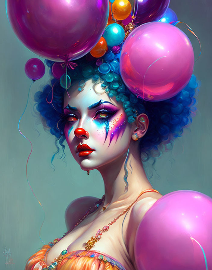 Blue-haired woman with colorful balloons and vibrant makeup