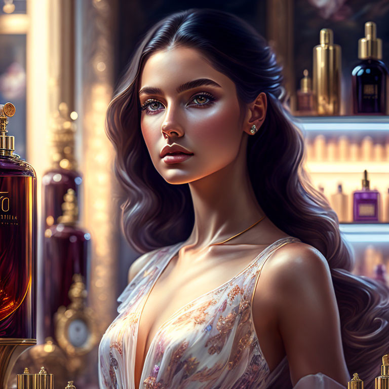 Digital artwork: Woman with flowing hair in floral dress by elegant perfume bottles