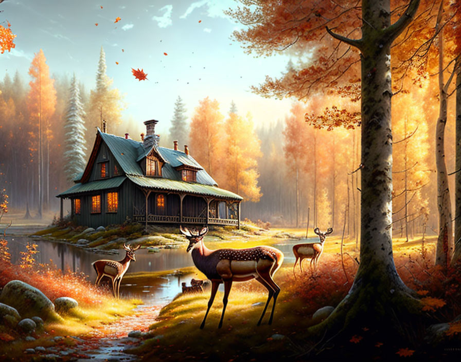 Autumn cabin by pond with colorful trees and deer