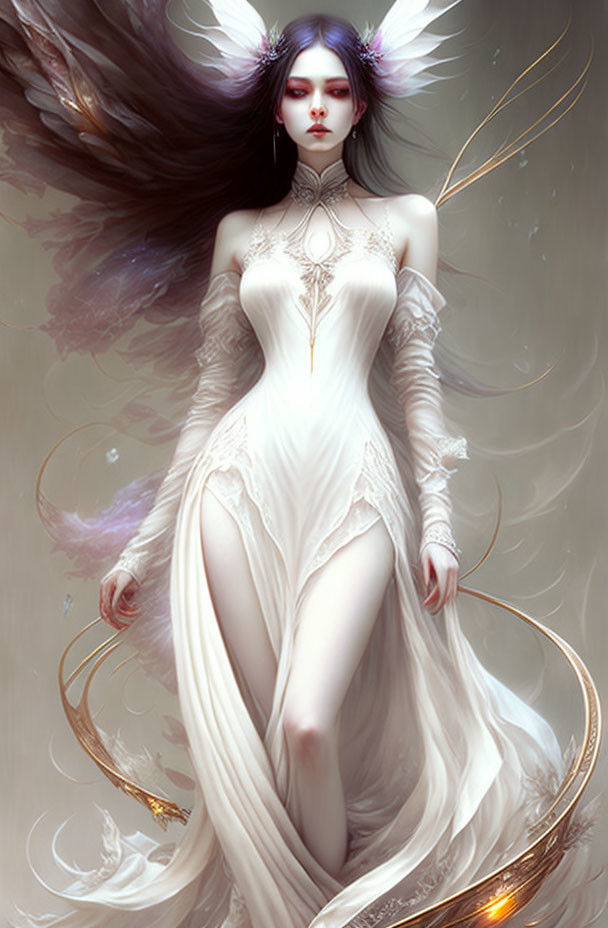 Fantasy digital artwork of a pale-skinned woman with purple hair in an elegant white dress.