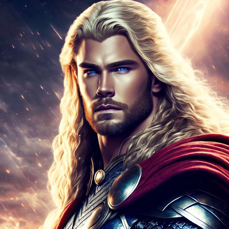 Male character with long blond hair, red cape, armor, blue eyes in cosmic setting