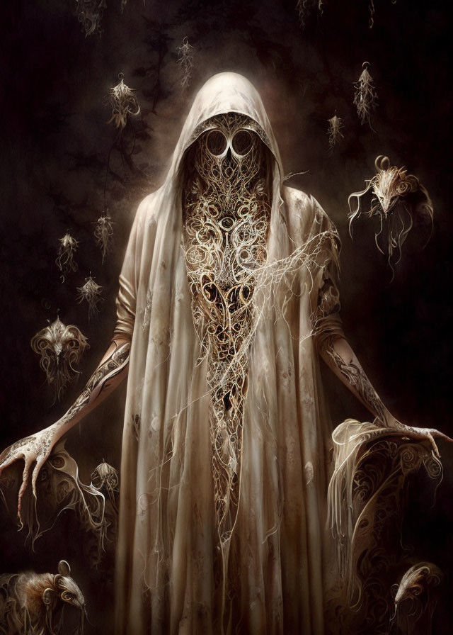 Hooded Figure with Golden Patterns Among Ethereal Creatures