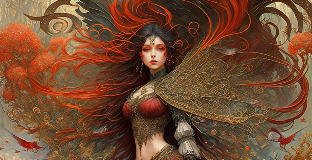 Fantastical female figure with red hair and intricate wings in vibrant red foliage