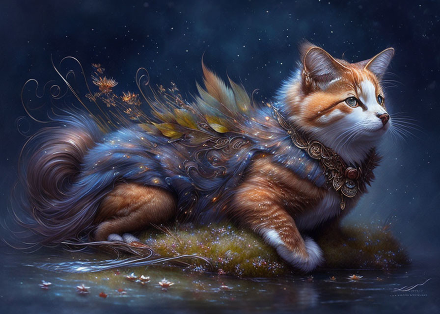 Illustrated majestic cat with blue and brown coat, adorned with leaves and jewelry, on starry night