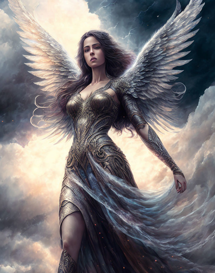 Majestic female figure with white wings in ornate armor amid swirling clouds