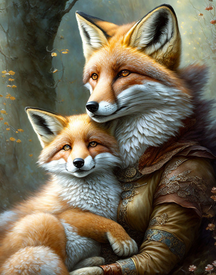 Realistic painting featuring two anthropomorphic foxes in medieval attire