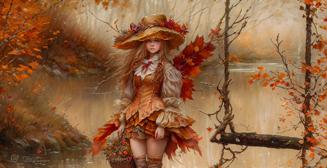 Woman in autumn costume by serene river amidst fall foliage