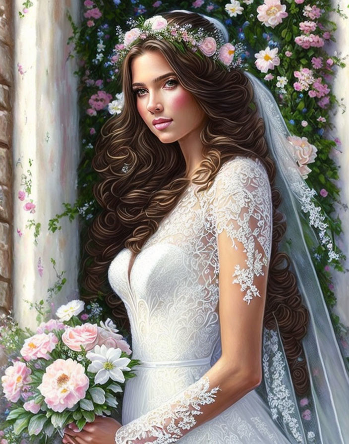 Bride with wavy brown hair in lace gown and floral crown next to blooming flowers