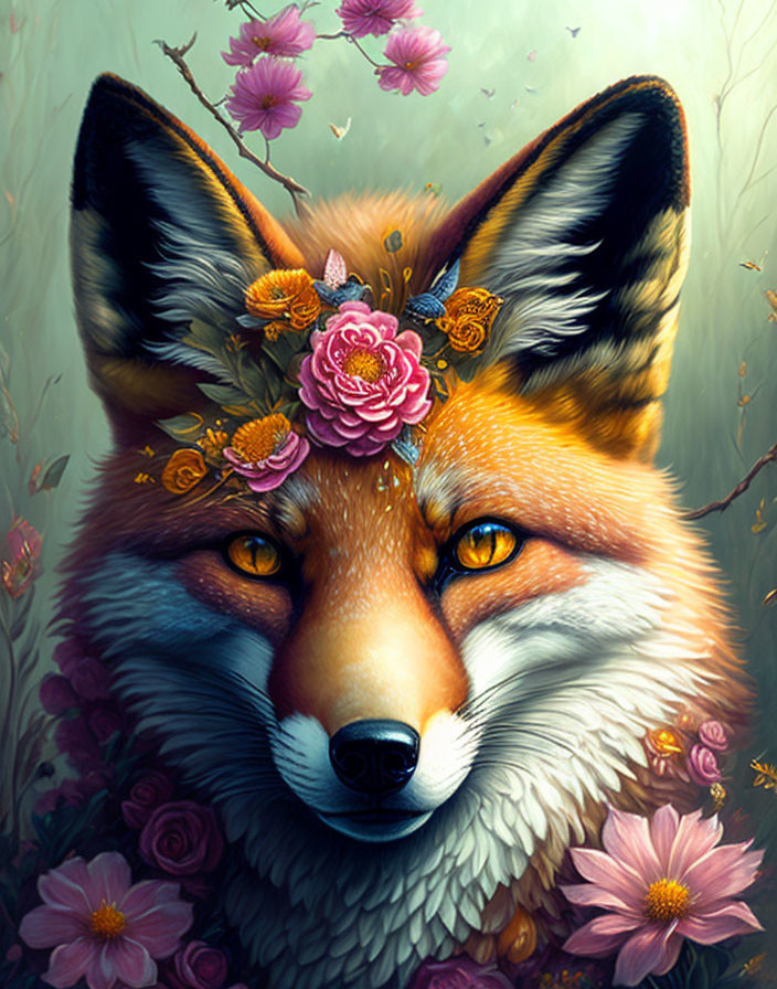 Vibrant fox illustration with flower crown in lush flora landscape