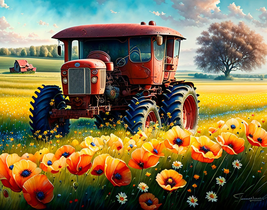 Colorful painting of red tractor in poppy field with pastoral background