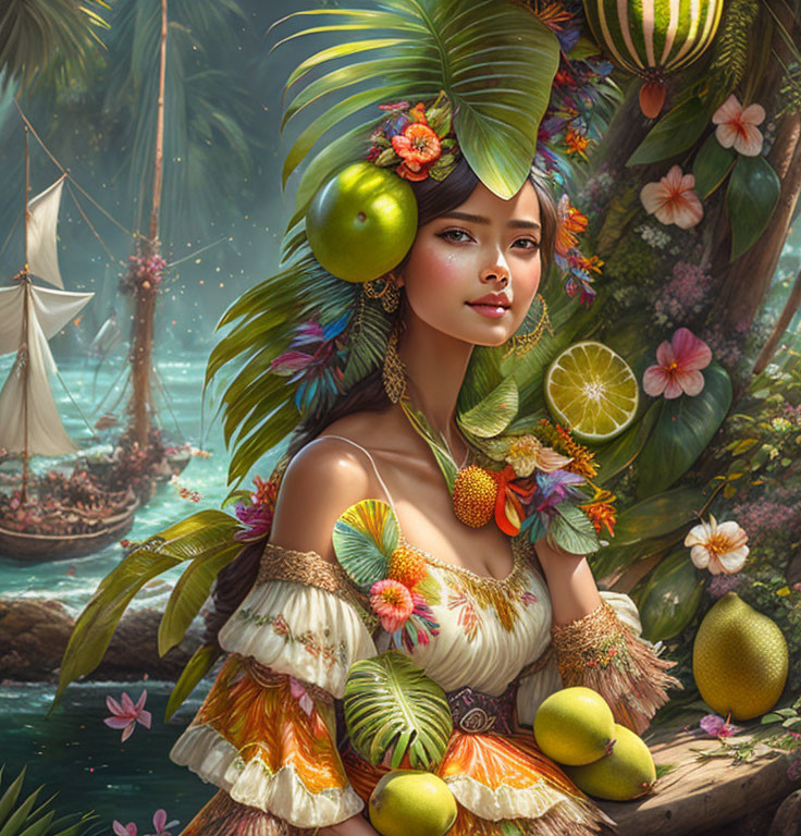 Illustrated woman with tropical fruits and flowers by serene water with sailboat